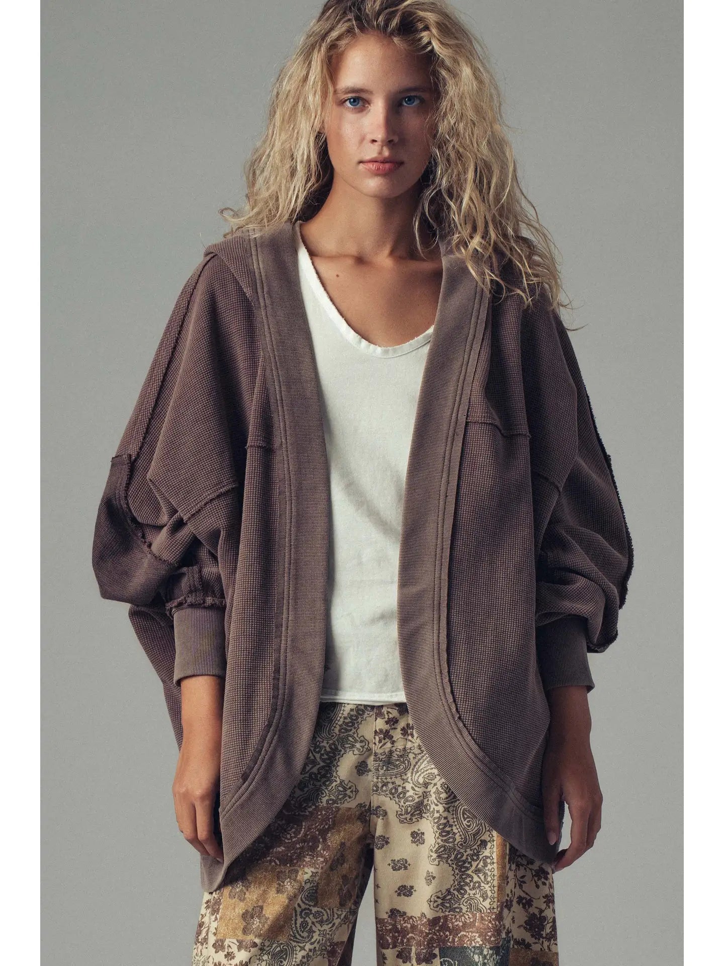 Washed waffle knit Hooded Cardi
