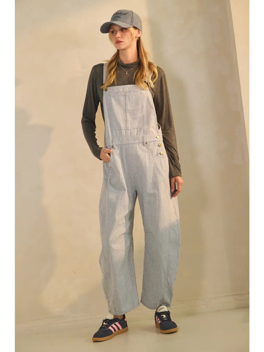 Pinstriped Barrel-Leg Overalls