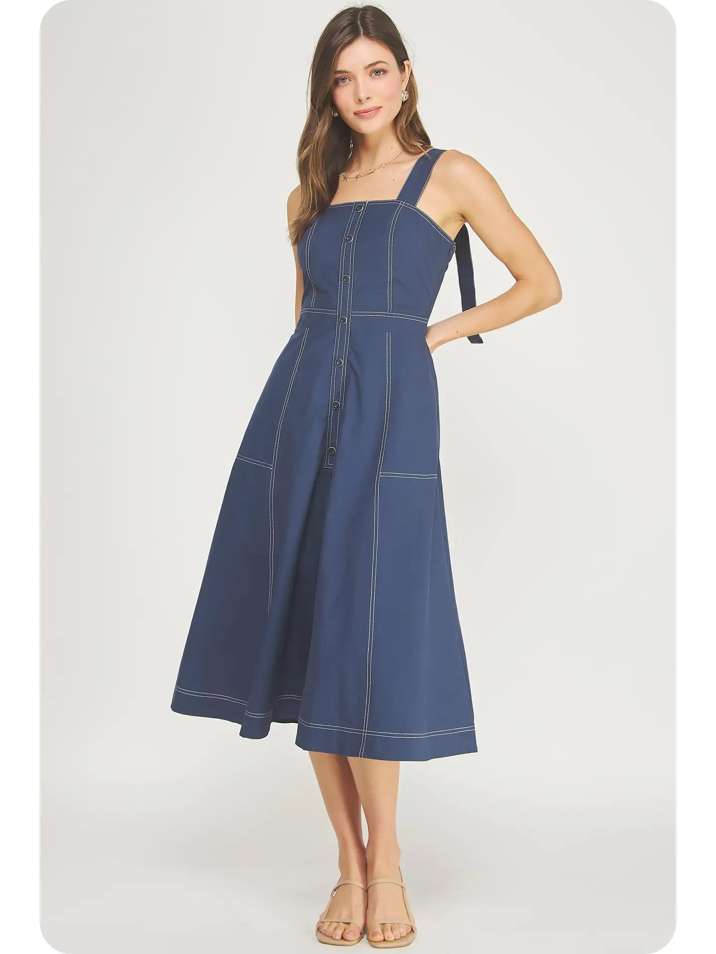 Contrast Top Stitch Detail Sleeveless Midi Dress