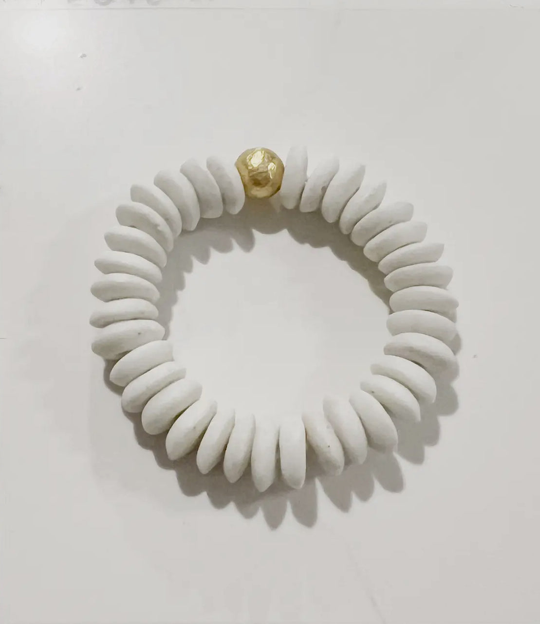 White Ashanti Glass Bead Stretch Bracelet Brass Charm Gold