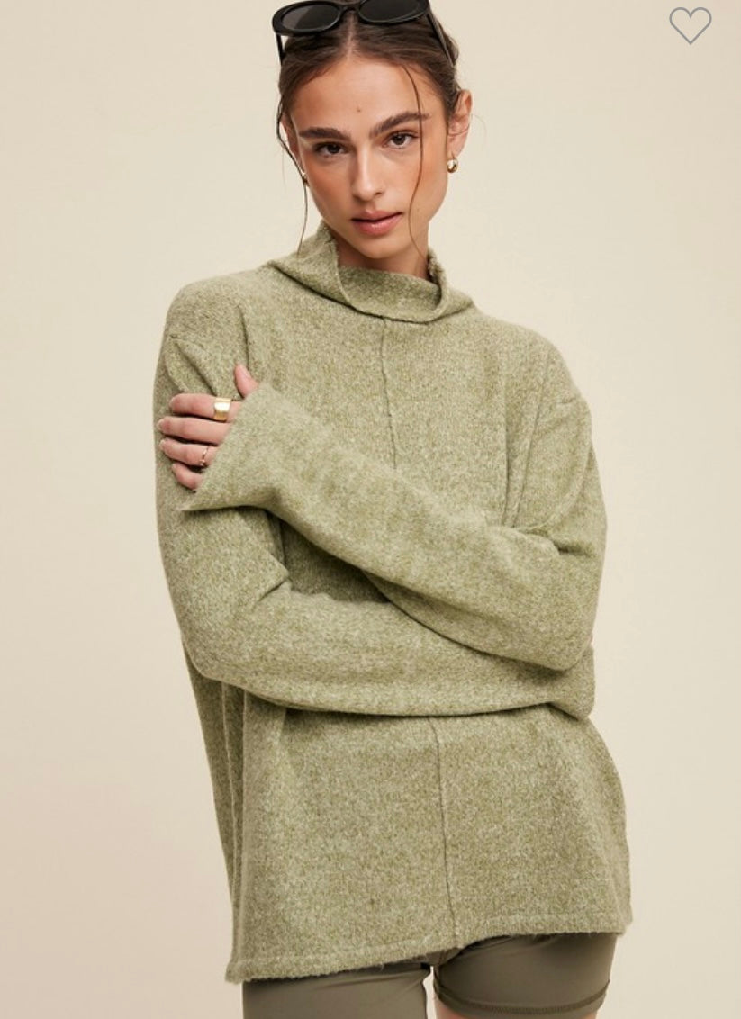 Soft Touch Raw Edge Mock Neck Sweater