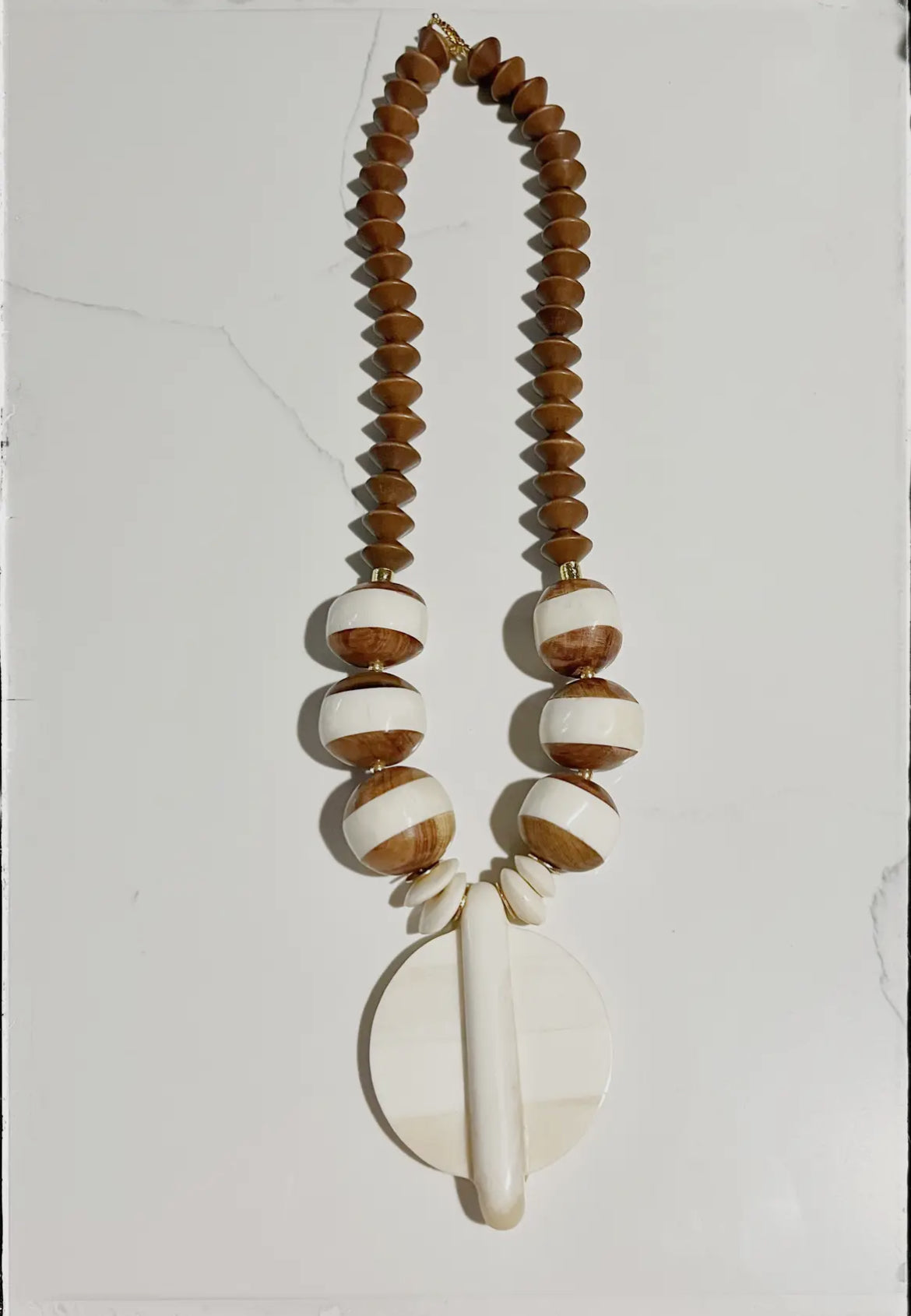 Brass Gold Pendant Wood Bead African Bone Midi Necklace