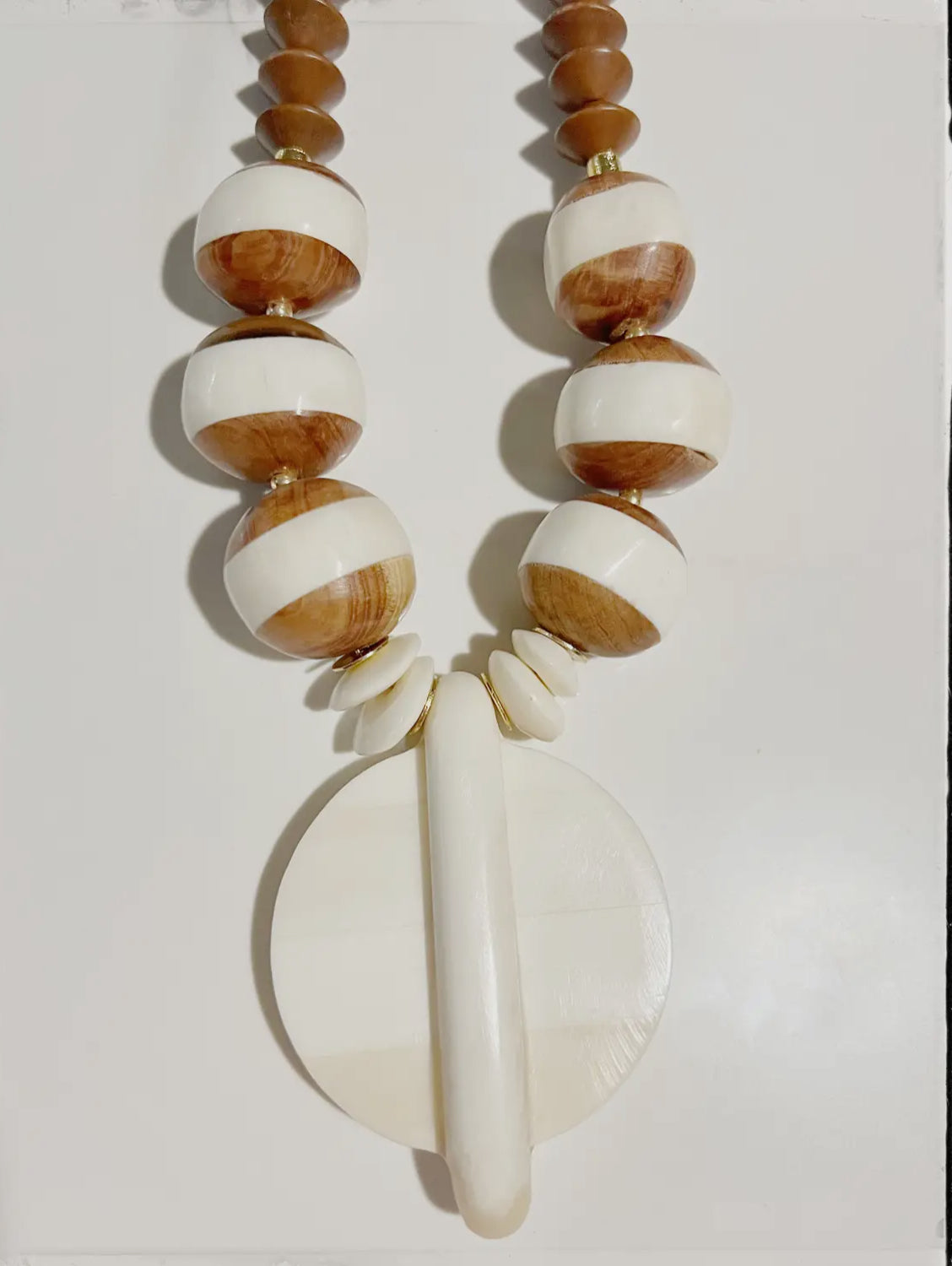 Brass Gold Pendant Wood Bead African Bone Midi Necklace
