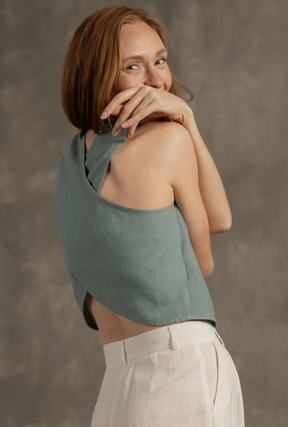 Linen Cross Back Crop Top Serena Mint Green