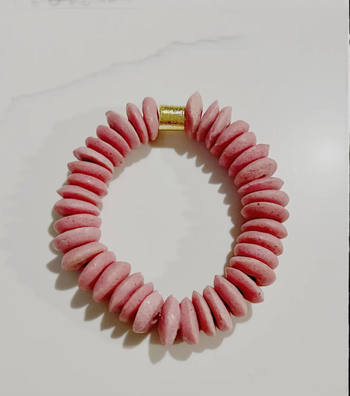 Pink Ashanti Glass Bead Stretch Bracelet Brass Charm Gold
