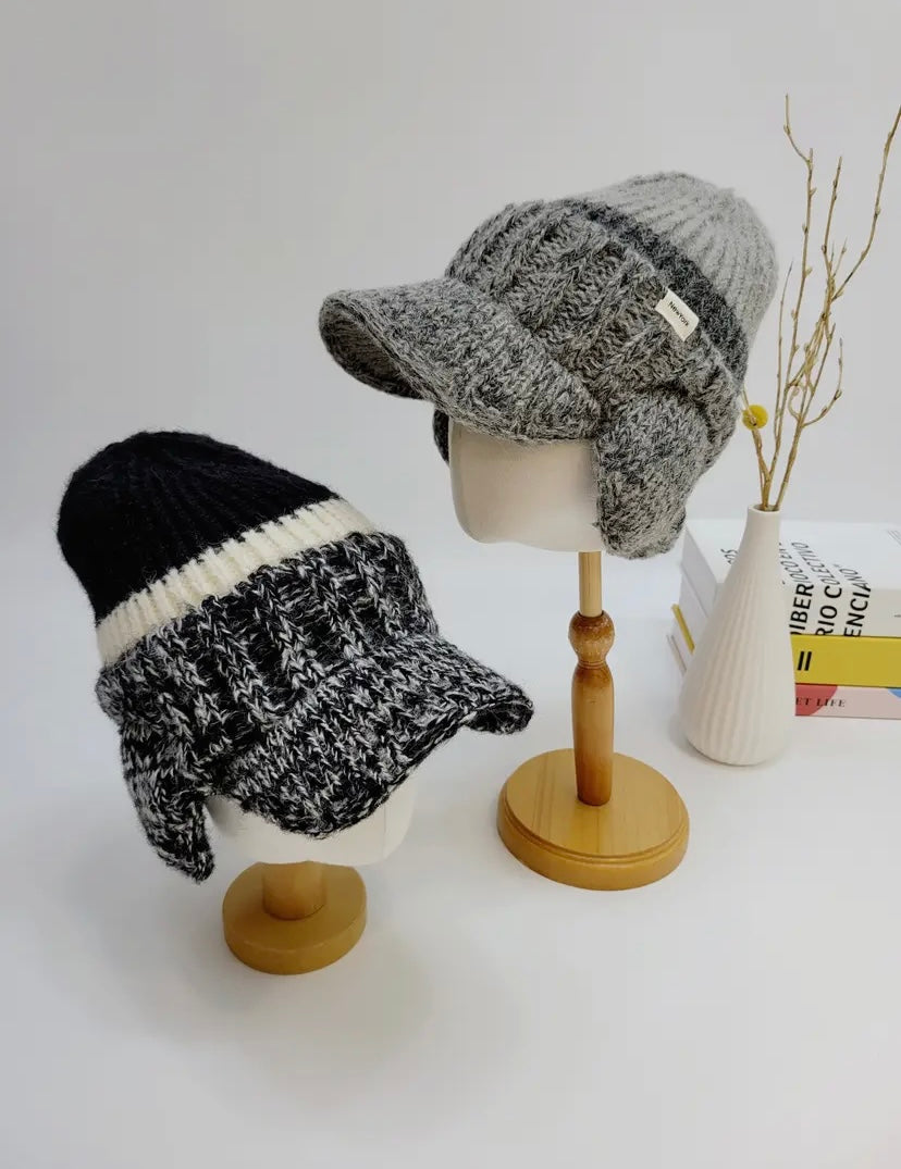 Knitted Wool Cap with Earmuff -Black