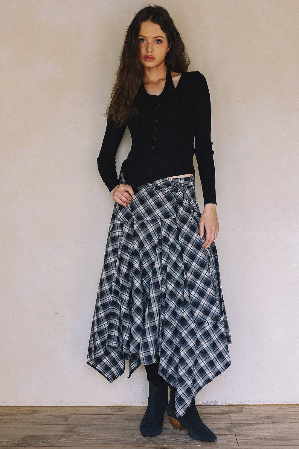 ASYMMETRICAL PLAID MAXI SKIRT