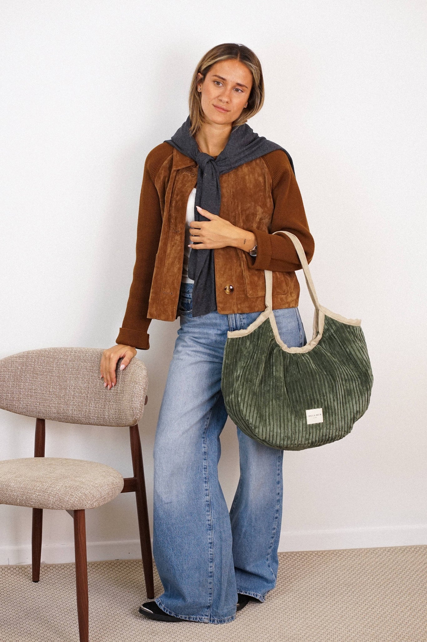Corduroy Medium Zippered Tote Bag – Olive Green (Musgo)