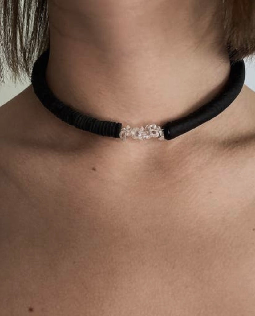 Black Leather Choker with Clear Quartz Crystals