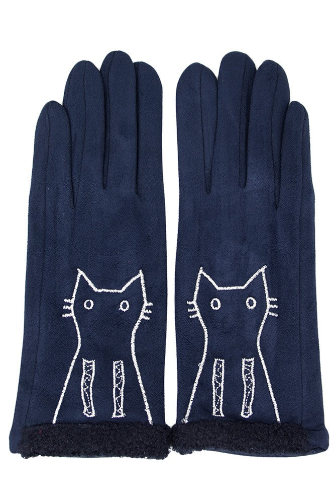 Suede cat embroidery with boucle gloves