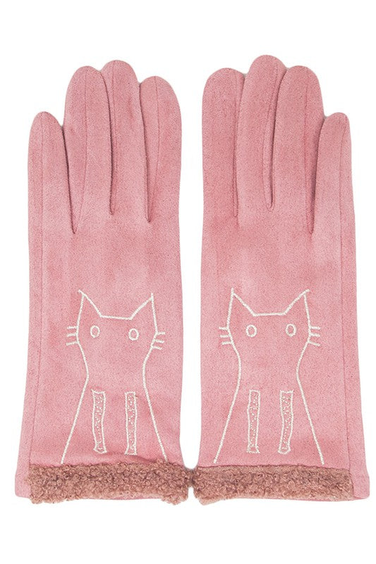 Suede cat embroidery with boucle gloves